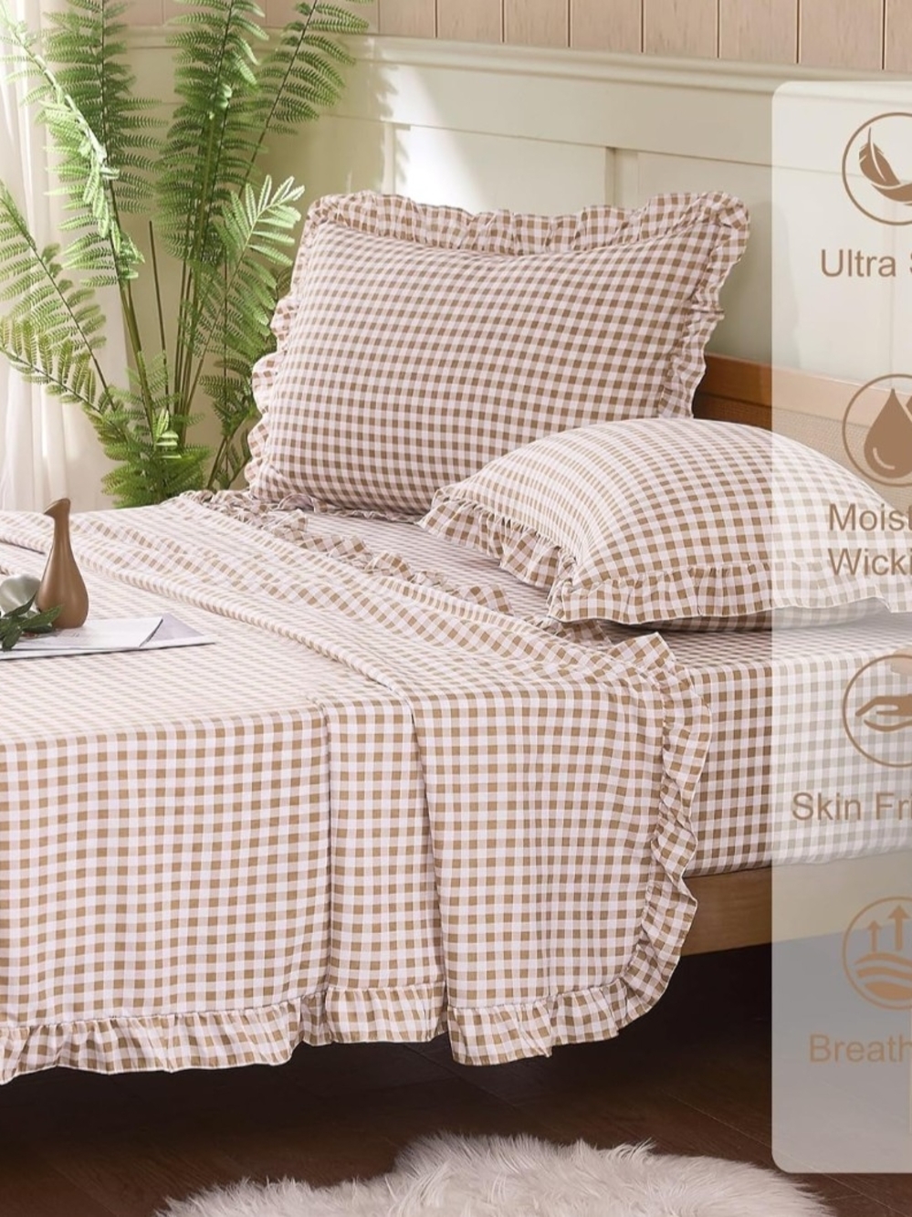 Gingham Ruffled Bed Skirt and Pillow Shams - Taupe - Picture 3 of 3